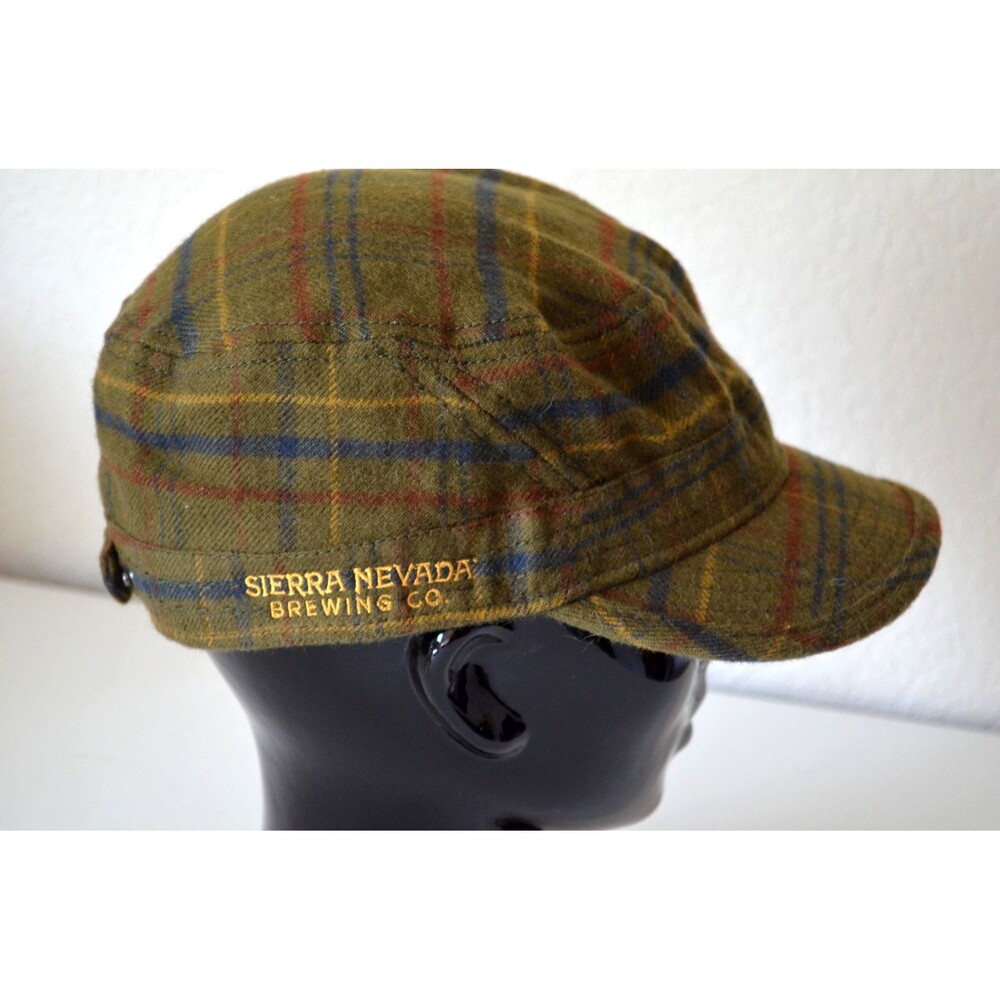 PISTIL Hat Wool Blend Cadet Newsboy Cap Olive Green Plaid Sierra Nevada Brewing